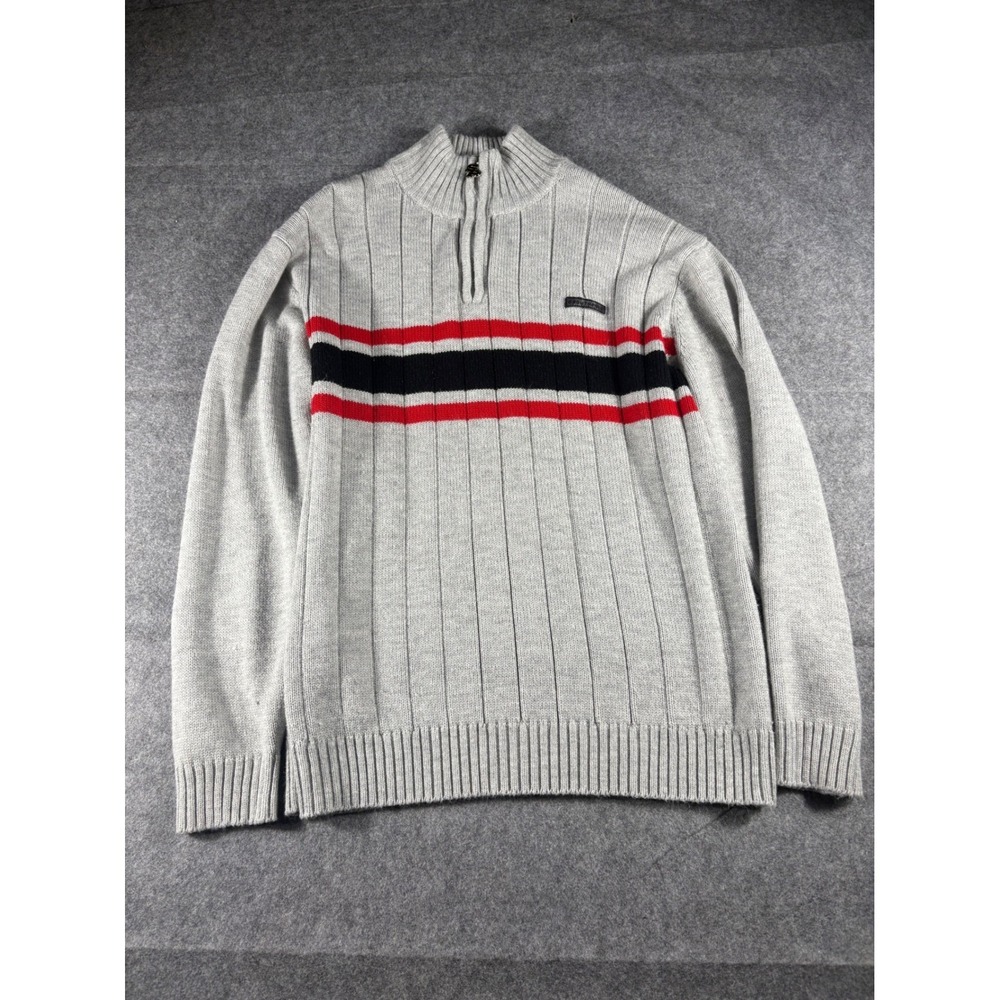 South Pole Mens Quarter‎ Zip Sweater Gray Red Black Stripe Ribbed Knit XL